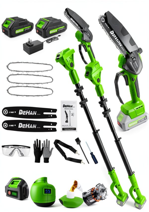 2 IN 1 Electric Pole Saw Brushless 21V Battery Chainsaw Cordless with Rotatable Pole 15FT Max Reach, Shoulder Strap, Powered Pole Saw for Tree Trimming and Wood Cutting Tool (Green)-0